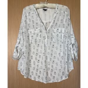 Torrid Harper Dog Print Popover Blouse Top Womens Size 1X White Roll Tab Sleeves